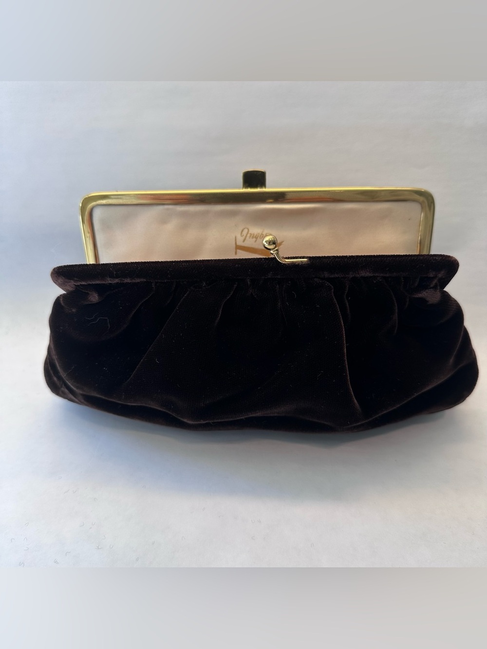 Vintage Ingber Brown Velvet Double Kisslock Evening Clutch 1950s Purse w/mirror